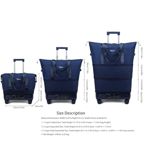 Expandable Rolling Travel Bag with Removable Wheels & Handle, Large Capacity Wheeled Duffle Tote, Foldable Carry On Luggage for Women, Lightweight Weekender Overnight Bag (DarkBlue) - color: DarkBlue