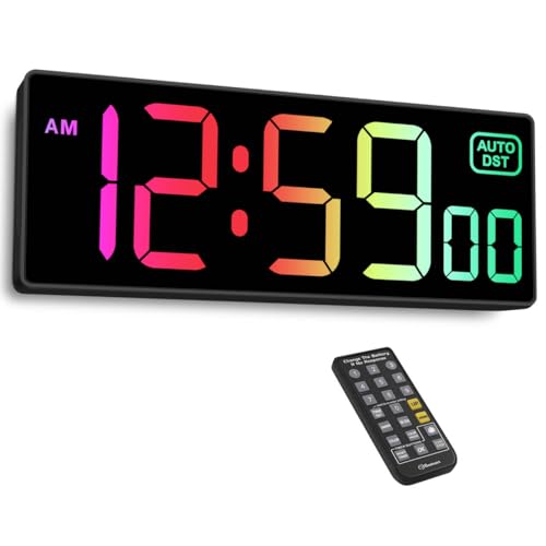 Soobest Digital Wall Clock, Remote Control Electric Timer Seconds for Gym | 8 RGB Colors, Auto DST, Corded Plug in Large Display 5 Dimmer, Living Room Office Classroom Countdown (10.2" Multicolor) - color: 10.2“ Multicolor
