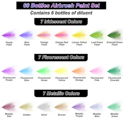 HOMY ARTY Airbrush Paint - 54 Colors with 6 Thinner | Ready to Spray Airbrush Paint Set, Water-Based Acrylic Air brush Paints for Metal, Plastic Models, Canvas, Wood - 60 Bottles - color: 54 Colors with 6 Thinner
