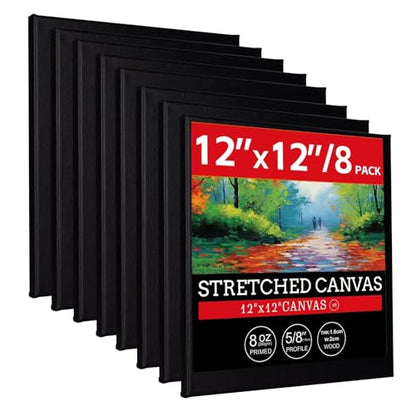 12x12 Stretched Black Canvases for Painting | 100% Cotton Black Painting Canvas, Art Canvases for Oil, Acrylic Paint & Other Painting Media 8 Pack - size: 12x12 (8Pack)