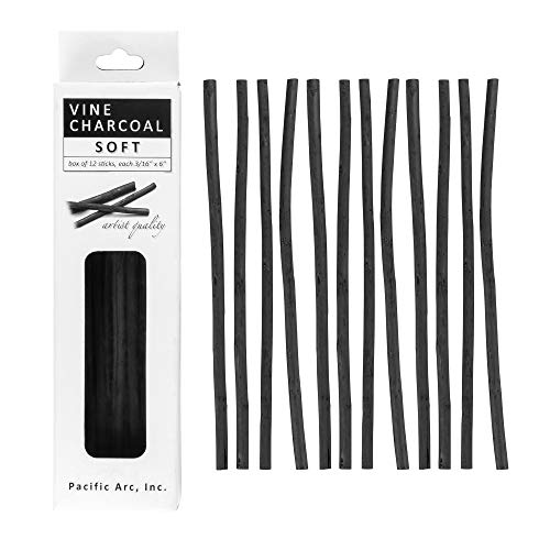 Pacific Arc Artist Vine Charcoal, Soft, Black 12 Pieces, Artist Vine Charcoal Sticks, Extra Soft and Smooth Drawing Charcoal - style: Soft | 12 Sticks
