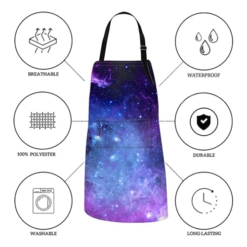 Apron with Pockets, 32x28 inch, for Women Men, Purple Starry Sky | Space Planet Universe Waterproof Adjustable Bib Aprons for Kitchen Cooking Baking Painting Gardening - color: Galaxy