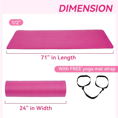 Fitvids Yoga Mat, 1/2-Inch Extra Thick High Density Exercise Mat, Anti-Tear Exercise Yoga Mat with Carrying Strap, Suitable for Various Yoga Exercises - color: Pink