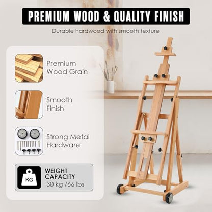 Easel for Painting, H Frame Easel, Painting Stand, Studio, Fits 80” Canvas | Houseables for Large Canvas, Floor Standing, Adjustable, Tilt Flat, Rolling Wheels, Wood, Adults, Painters, Arts & Crafts