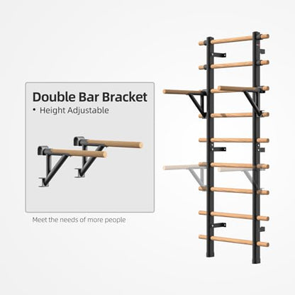 DHT Wood Stall Bar, Swedish Ladder Suspension Trainer with 9 Strategic Rods, for Home, Gym, School and Clinics, Black - color: DW-S