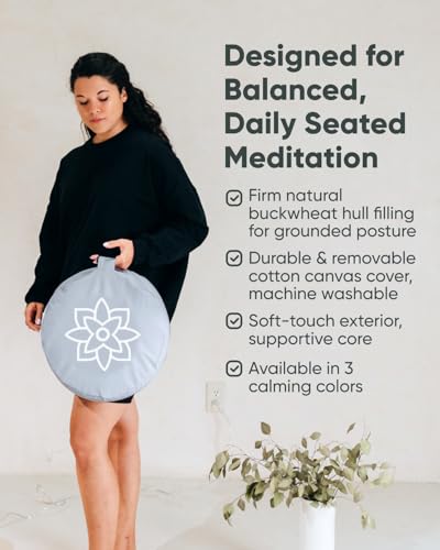 Mindful & Modern Large Meditation Cushion for Zafu Yoga - Meditation Pillow for Sitting on the Floor - Buckwheat Hull Filled Yoga Cushion with Removable, Washable 100% Cotton Cover and Carry Handle - color: Round - Grey