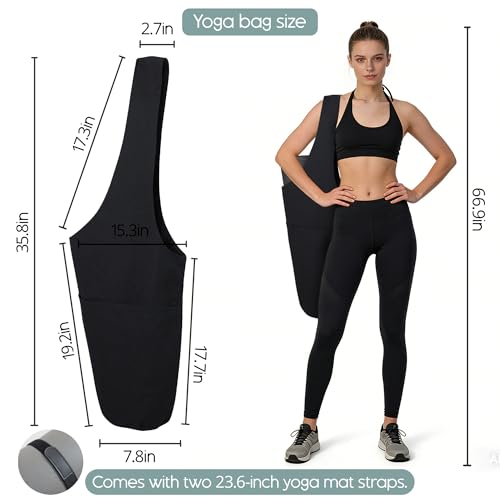 CosInStyle Heavy Duty Cotton Canvas Yoga Bag with Multi-Pocket Organizer, Large Capacity Gym Sports Bags, With 2 Bonus Mat Straps - color: Black