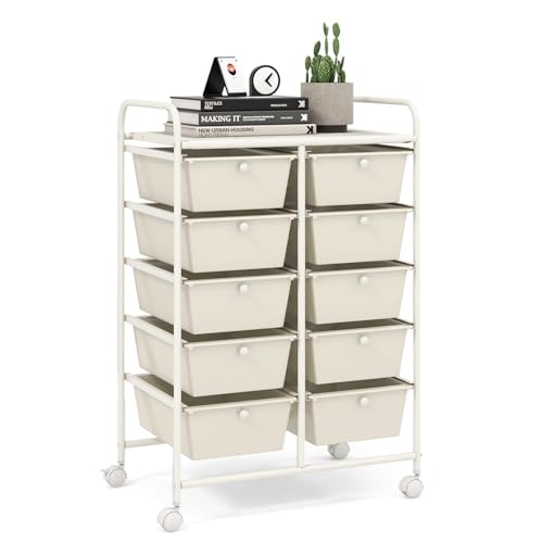 LDAILY 10 Drawer Rolling Cart, Storage Cart Organizer on Wheels, Drawer Cart with Metal Frame & Large Storage Capacity, Rolling Cart with Drawers for Living Room Classroom, Office - color: White, size: 10 Drawer
