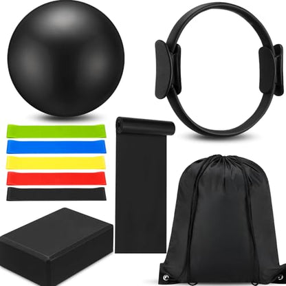 Silipull 10 Pcs Pilates Ring Blocks Set for Women Home Yoga Equipment Accessories Pilates Ring Circle and Ball Workouts Gift Include Ball Yoga Circle Resistance Bands Block Straps Gym Bag - color: Black