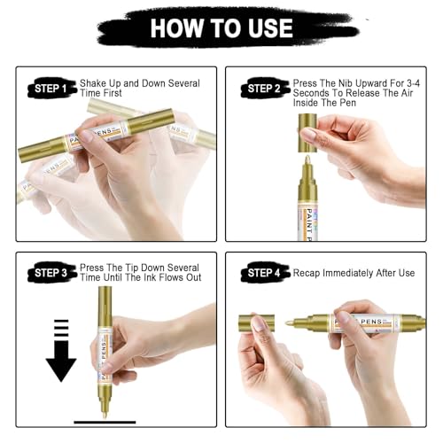 Betem 4 Gold Silver Oil Based Paint Pens, Permanent Fabric Paint Markers | Dual Tip (0.7mm & 3mm), Waterproof, Quick Dry, for Rock Painting, Tire, Wood, Glass, Plastic, Ceramic, Metal, Rubber, Canvas - color: 2 Gold & 2 Sliver