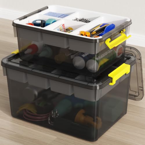 20&40Qt Stackable Storage Bins with Lids Trays Craft Box Organizers,2Pack | Clear Plastic Latching Boxes Organizers with Dividers Portable Containers for Arts & Crafts, Home Office Classroom Car Trunk - color: Clear Grey, size: 20QT+40QT-2Pack