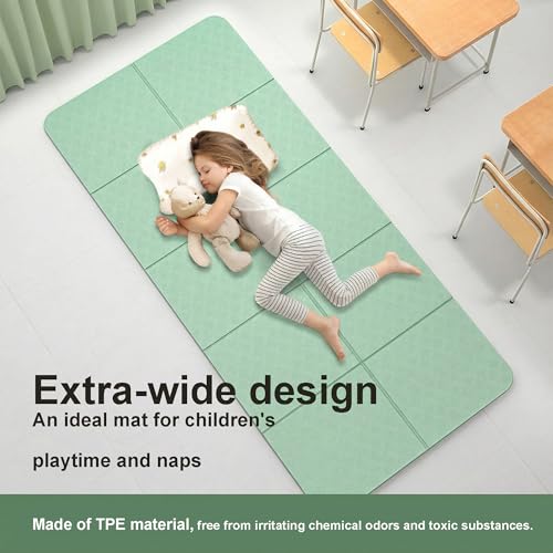 Foldable Yoga Mat 10 mm Thick Extra Wide 72"x28", Non Slip Travel Exercise Pad, TPE Compact Folding Pilates Floor Cushion for Home Gym & Nap, Mint Green
