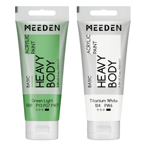 MEEDEN Acrylic Paint Green Light: 100ml/3.38oz x 2 with Titanium White | Heavy Body Artist Acrylic Paint Set for Canvas, Wood & Craft, Non-toxic Creamy Art Paint with Titanium White for Mixing - color: Green (light), size: 2 Tubes