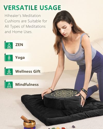 Hihealer Meditation Cushion, Traditional Tibetan Velvet Meditation Pillow | Buckwheat Yoga Bolster, Large Floor Cushion & Pillow for Adults, Zafu Zabuton Set, Zen Meditation Mat - color: Black