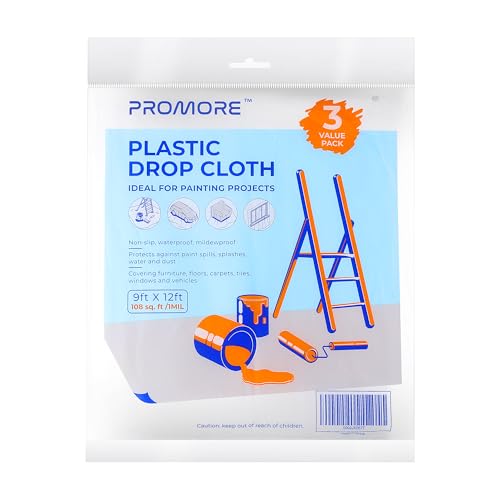 3PK Plastic Drop Cloth,1Mil Thick, 9x12 Ft,Thickened Painter's Sheeting | Tear-Proof, Waterproof, For Painting, Furniture, Walls, and Floor Protection - size: 1mil-3Pack