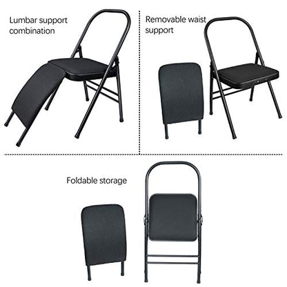 INNOLIFE Yoga Auxiliary Chair with Lumbar Back Support Foldable Balance Training with Purple Yoga Resistance Band - color: Black with lumbar back support