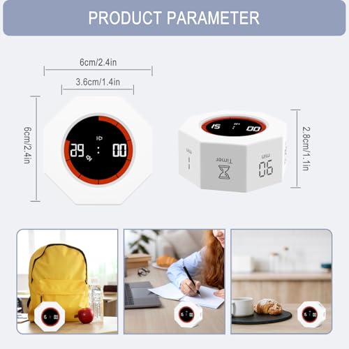 GuDoQi Digital Productivity Timer, Octagon Rotating Pomodoro Timers with Gravity-sensor, 1-3-5-15-30-60-90 Min Countdown, Portable Adjustable Sound Alert Multi Desk Timer or Study Task, Kitchen, White - color: White