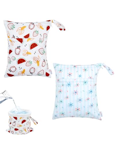 ALVA ALVABABY 2pcs Waterproof Wet Dry Bags,Reusable with Two Zippered Pockets,Baby Cloth Diaper,Travel,Beach,Pool,Daycare,Soiled Baby Items,Yoga Gym Bag,Swimsuits or Wet Clothes 2LW02 - color: Small flowers and fruits