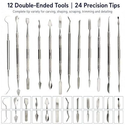 Wax Carvers Set Double Ended Dental Wax Modeling Sculpting Tools Dental Picks Polymer Pottery Clay Carving Tool Stainless Steel 12 Pieces