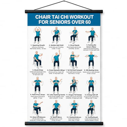 Tai Chi Chair Workout Chart, Chair Tai Chi for Seniors Poster, 16 x 24 Inch | Seated Tai Chi Exercise Chart: 16 Guided Chair Exercises with Breathing and Flow for Balance, and Flexibility, Roll-Up Design