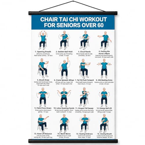 Tai Chi Chair Workout Chart, Chair Tai Chi for Seniors Poster, 16 x 24 Inch | Seated Tai Chi Exercise Chart: 16 Guided Chair Exercises with Breathing and Flow for Balance, and Flexibility, Roll-Up Design