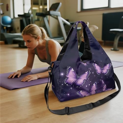 Gym Bag with Yoga Mat Holder Large Tote Bag With Multi Pockets for Women Men Dry Wet Separated Pocket Carryall Yoga Tote Bag for Pilates Travel Workout Office - color: Butterfly purple
