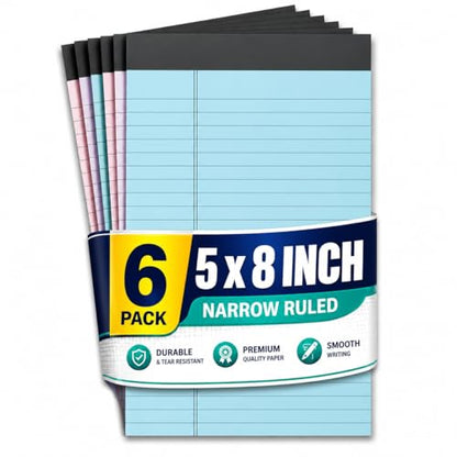 1InTheOffice Legal Pads 5x8, Writing Pads, Jr Legal Pads, Narrow Ruled, Pastel, 50 Sheets/Pad, 6 Pack