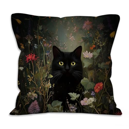 Black Cat Pillow Cover 18x18, Cottage Core Cat Decor, Cottage Core William Morris Floral Gothic Pillow Covers for Couch Bedroom Home - color: Black Cat