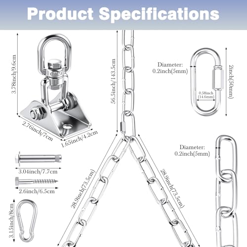 Heavy Duty Porch Swing Hanging Kit with Y-Chain & 360° Swivel Hangers 1500Lbs Capacity, Rustproof Zinc-Plated Chains 304 Stainless Steel Mount Hooks, Indoor/Outdoor Hammock Hardware(Silver) - color: Silver