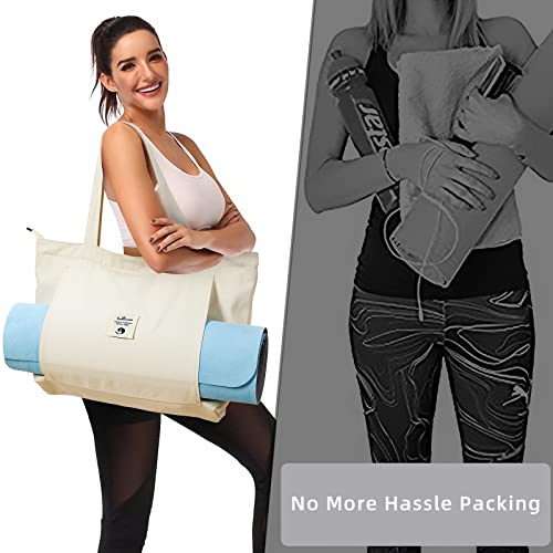 WLLWOO Yoga Mat Carrier Bag for Women Canvas Carryall Tote Gym Pilates | Large Holder Zipper Shoulder for Beach Travel Workout Fitness Office - color: Beige