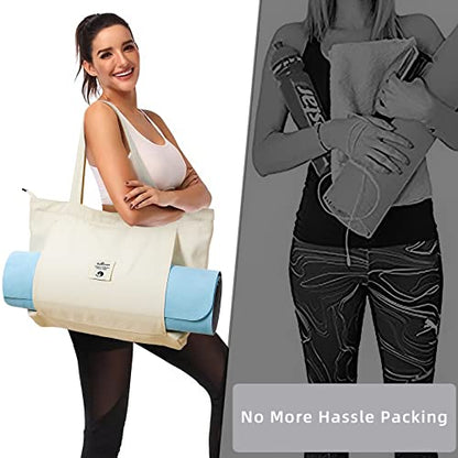 WLLWOO Yoga Mat Carrier Bag for Women Canvas Carryall Tote Gym Pilates | Large Holder Zipper Shoulder for Beach Travel Workout Fitness Office - color: Beige