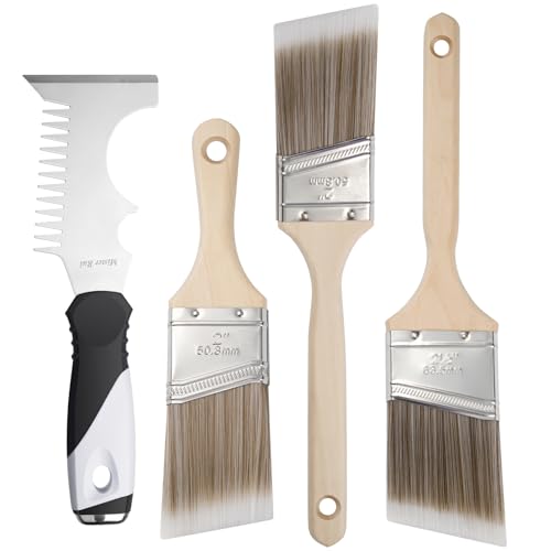 Mister Rui Angled Paint Brush 4 Pieces Set, with Paint Brush Comb Cleaner | Synthetic Paint Brush Roller Cleaner Tool 2" Short & Long Handle Paint Sash Brush for Commercial Grade Trim, Cabinet - size: 4PCS, 2" Short, 2", 2.5", Paint Comb