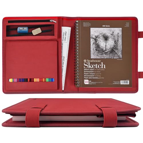Red Leather Sketchbook Cover 9x12, Travel Drawing Portfolio | Portable sketch kit organizer, pencil holder, Fits 9x12 Sketch Book, Spiral Pad, Compact artist storage case - color: Red, size: Large-9x12