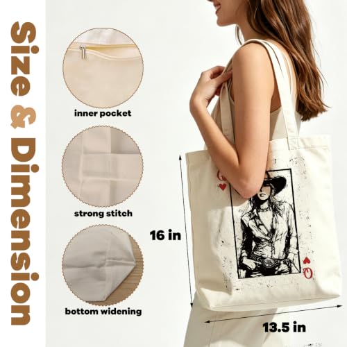 VICBOU Western Cow Skull Canvas Tote Bag for Women Girls, Cowgirl Shoulder Bag with Pocket for Beach Shopping Work - color: Cowgirlcard