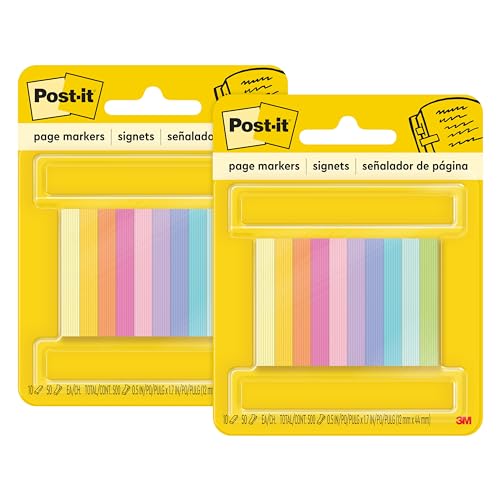 Post-it Page Markers, Assorted Bright Colors, 1/2 in x 2 in, 50 Markers/Pad, 10 Pads, (670-10AB) (Pack of 2) - size: 1000 Sheets (Pack of 2)