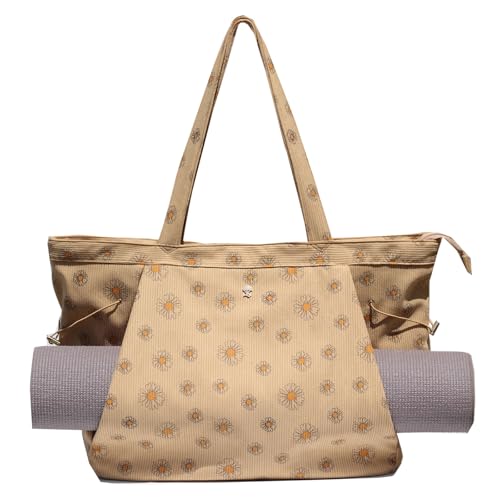 ESVAN Corduroy Yoga Tote Bag Gifts for Women Drawstring Yoga Mat Bag for Office Workout Travel Carryall Pilates Gym - color: Brown Flower