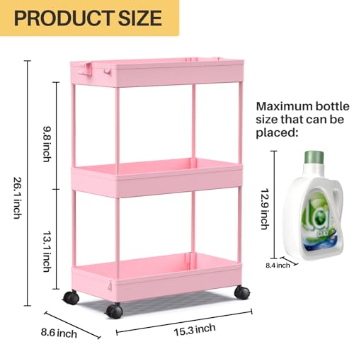 SPACEKEEPER 3 Tier Rolling Cart, Bathroom Cart Organizer with Wheels, Pink - color: Pink, size: 3 Tier