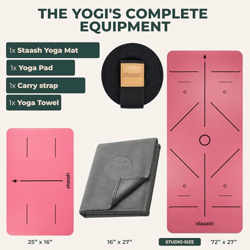 STAASH Premium Yoga Set – PU & Natural Rubber Mat + Towel + Strap + Knee Pad – Non-Slip Grip, Eco-Friendly, Studio Quality - color: Soft pink