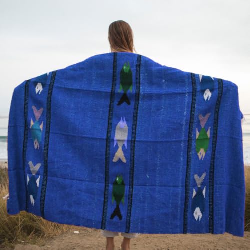 Thick Mexican Yoga Blanket - Serape Fish Design - Handmade (Blue) - color: Blue