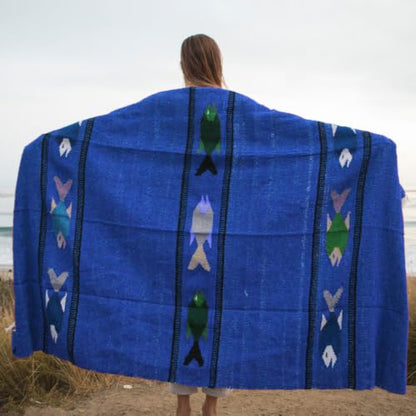 Thick Mexican Yoga Blanket - Serape Fish Design - Handmade (Blue) - color: Blue