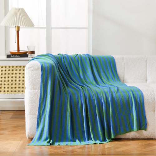 BOV Cooling Knit Throw Blanket 50x60, 100% Viscose, Blue Green Stripe - color: Kelly Green & Cobalt