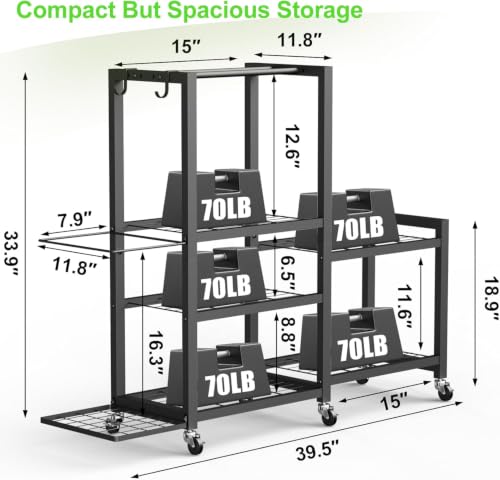 6-Tier Multi-Functional Home Gym Storage Rack with Wheels and Hooks, Adjustable Weight Rack for Dumbbells Kettlebells Yoga Mat and Balls, Space Saving Workout Equipment Storage Organizer