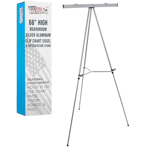 U.S. Art Supply 66" High Classroom Silver Aluminum Flip Chart Easel & Presentation Stand - Adjustable Floor/Tabletop, Portable Tripod, Holds 25 lbs., for Chart Paper, Poster Boards, & Pads