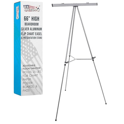 U.S. Art Supply 66" High Classroom Silver Aluminum Flip Chart Easel & Presentation Stand - Adjustable Floor/Tabletop, Portable Tripod, Holds 25 lbs., for Chart Paper, Poster Boards, & Pads