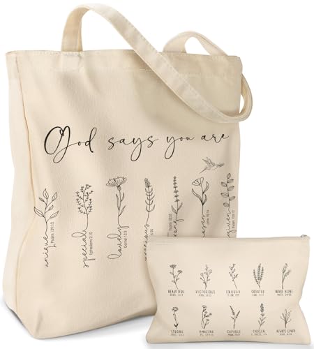 Miss Adola Aesthetic 2 Pack Canvas Tote Bag - with Makeup Zipper Pouch for Women Bag for Shopping, Gym, Travel, Vacation - color: Bible Flower