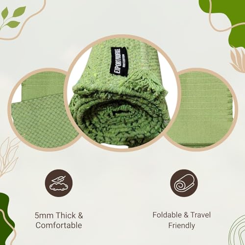 Indian Handmade100 % Organic Anti Skid Multi Colour Cotton Yoga Mat - Eco-Friendly Hand-Woven Rug - Non-Slip & Thick (24”x72”x5mm) for Hot yoga & Everyday Fitness at Home - Comfortable & Foldable Extra-Long Mat - color: Green