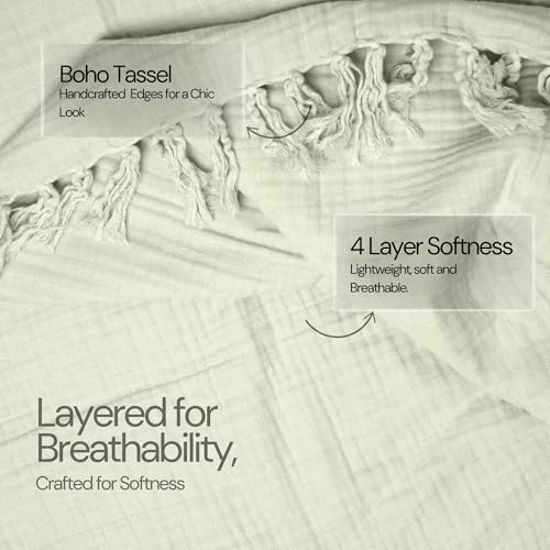 100% Cotton Gauze 50"X60" Throw Tassel 4 Layered Blanket- Sea Foam | Premium Muslin Blanket for Couch,Bed,Living,Summer Lightweight, All Seasons Blankets & Throws, Boho,Travel & Skin Friendly - color: Sea Foam, size: 50"X60" Throw