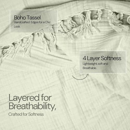 100% Cotton Gauze 50"X60" Throw Tassel 4 Layered Blanket- Sea Foam | Premium Muslin Blanket for Couch,Bed,Living,Summer Lightweight, All Seasons Blankets & Throws, Boho,Travel & Skin Friendly - color: Sea Foam, size: 50"X60" Throw