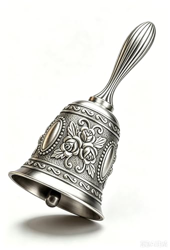 Vintage Silver Hand Bell,Dinner Bell,Embossed Metal Call Bell,1 Pack Small Retro Decorative Bells for Meditation, Home Kitchen Table Service Bell - color: Vintage Silver, size: 1-PACK