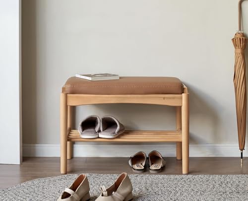 Oak Wood Shoe Bench, 32 Inch Entryway Bench with Brown Leather Cushion - color: Natural + Brown Leather Cushion, size: 31.49"